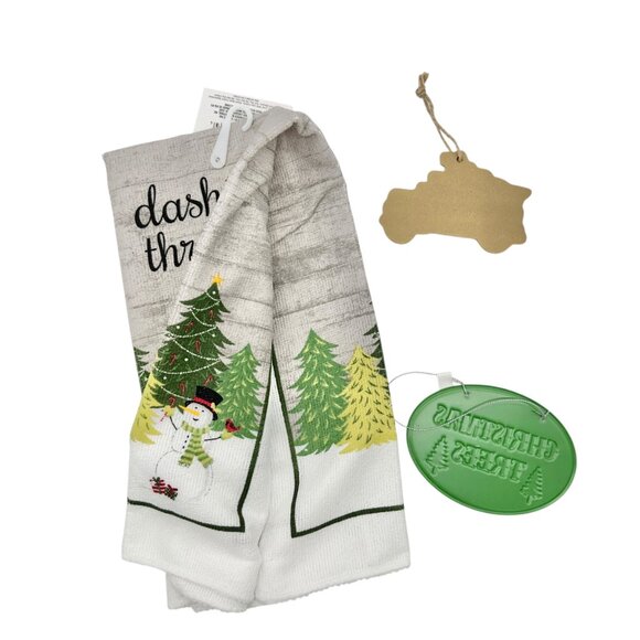 Christmas Winter Set Kitchen Towel 15x25 plus 2 Matching Tree Themed Ornaments - Picture 2 of 6